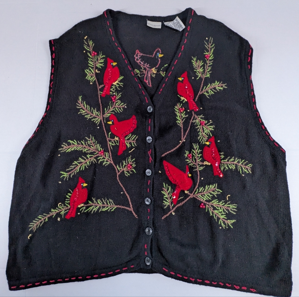 Vintage White Stag Plus Sweater  Embroidered Black Vest Red Cardinal Design
